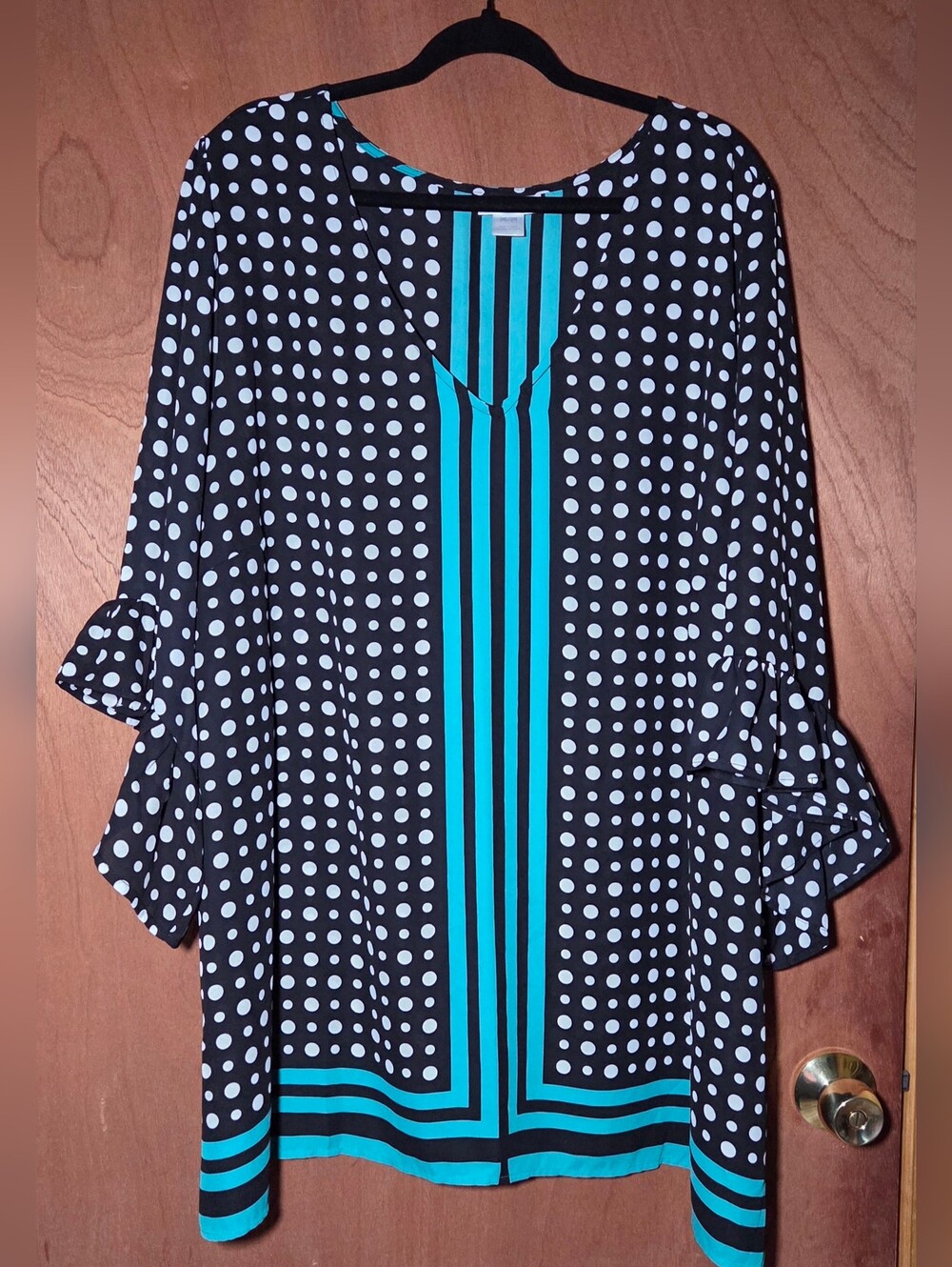 Avenue Black and White Polka Dot Tunic with Teal Stripe Panel 26/28